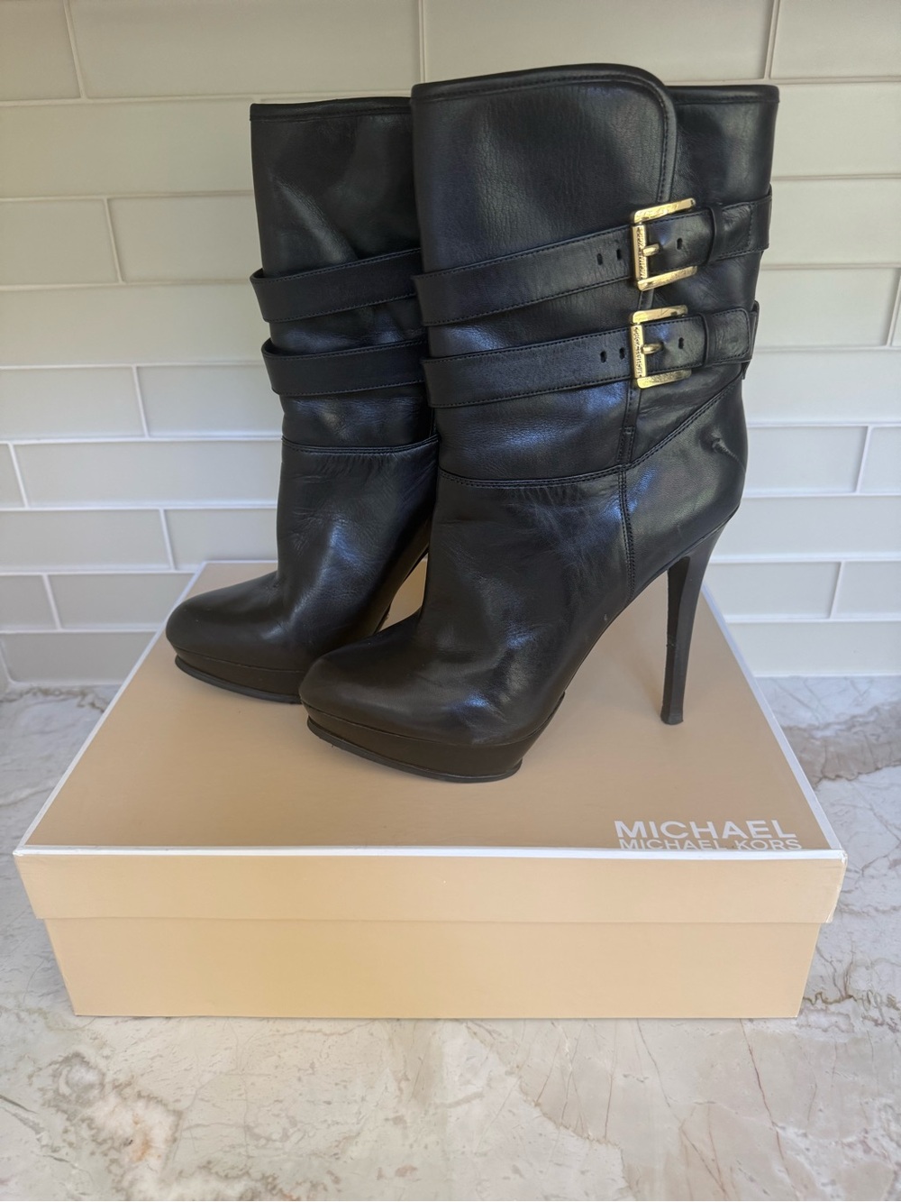 MICHAEL Michael Kors Black Leather Mid-Calf Stiletto Boots with Gold Buckles